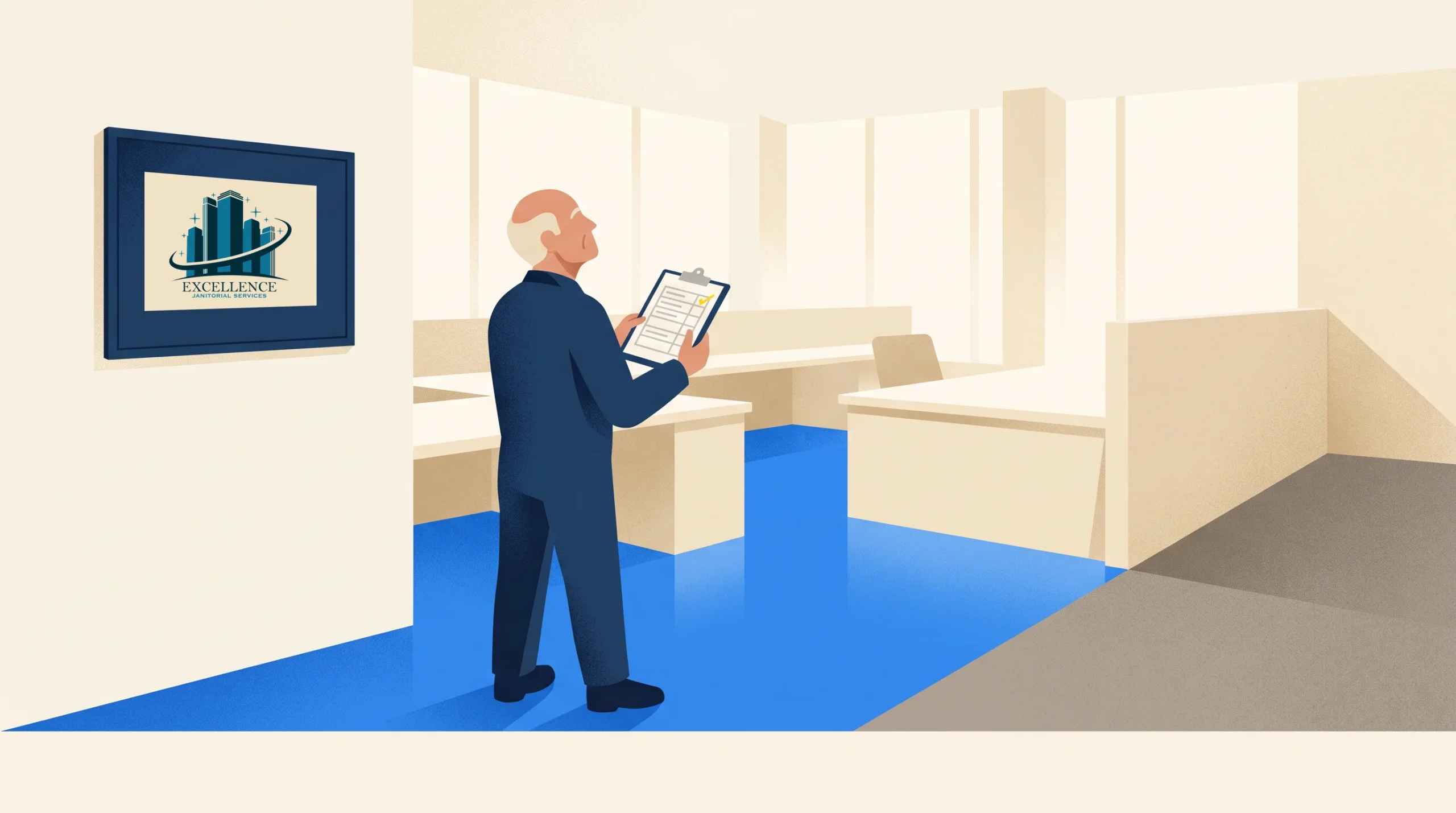 A person with graying hair, dressed in a suit, holds a clipboard while standing in a bright office with beige desks. A framed certificate labeled “Excellence” hangs on the wall. Blue flooring covers part of the office.